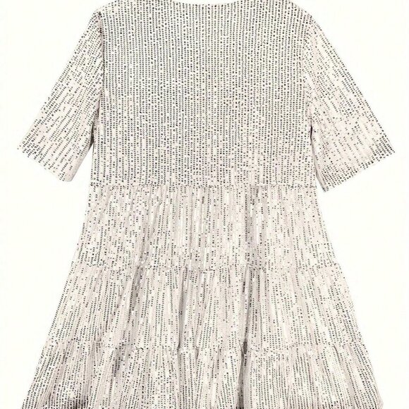 Silver Cute Women's Round Neck Mid-Sleeve Ruffle Hem Sequin Dress - Picture 5 of 5
